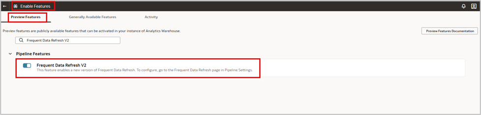 Enable Features page for FDR V2 configuration