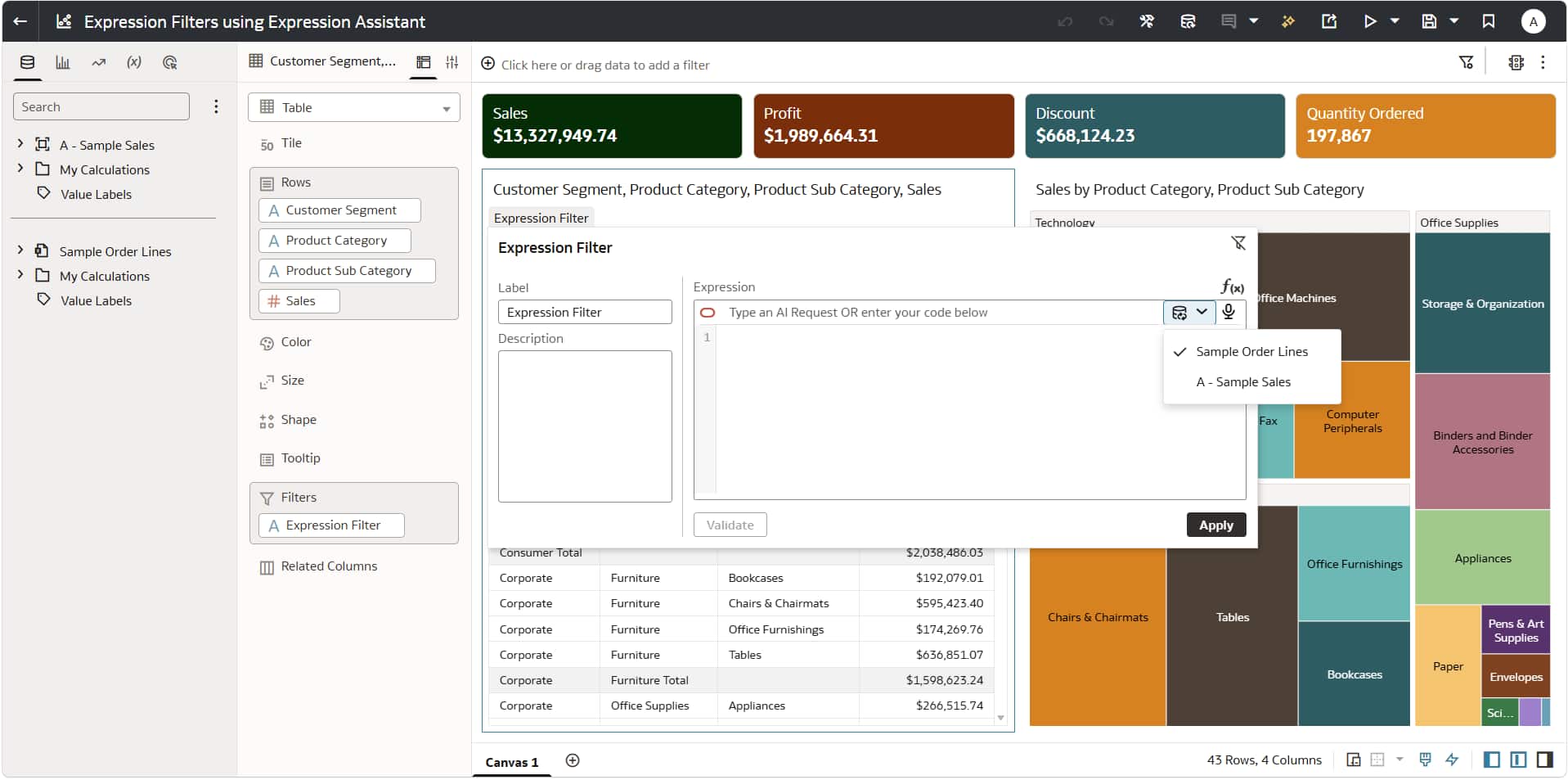 Data source menu displayed from the Expression Assistant section in the Expression Filter dialog of a visualization on a workbook canvas.