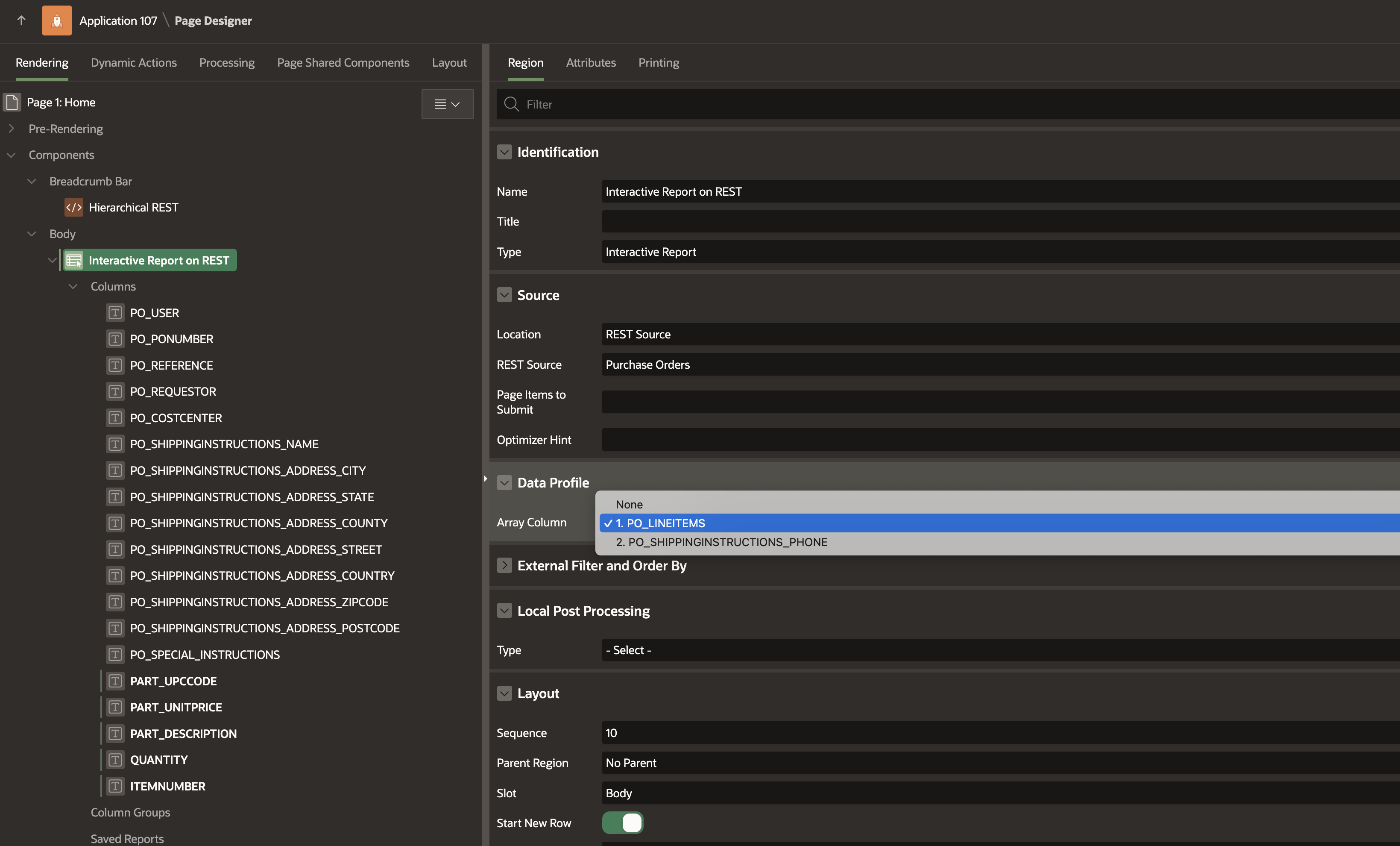 After picking the Array Column for this region, nested columns become accessible.