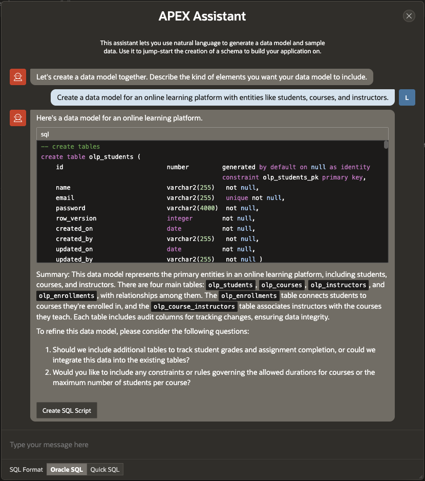Fig. 5 - Create Data Model Using AI - Creating a data model for Online Learning Platform