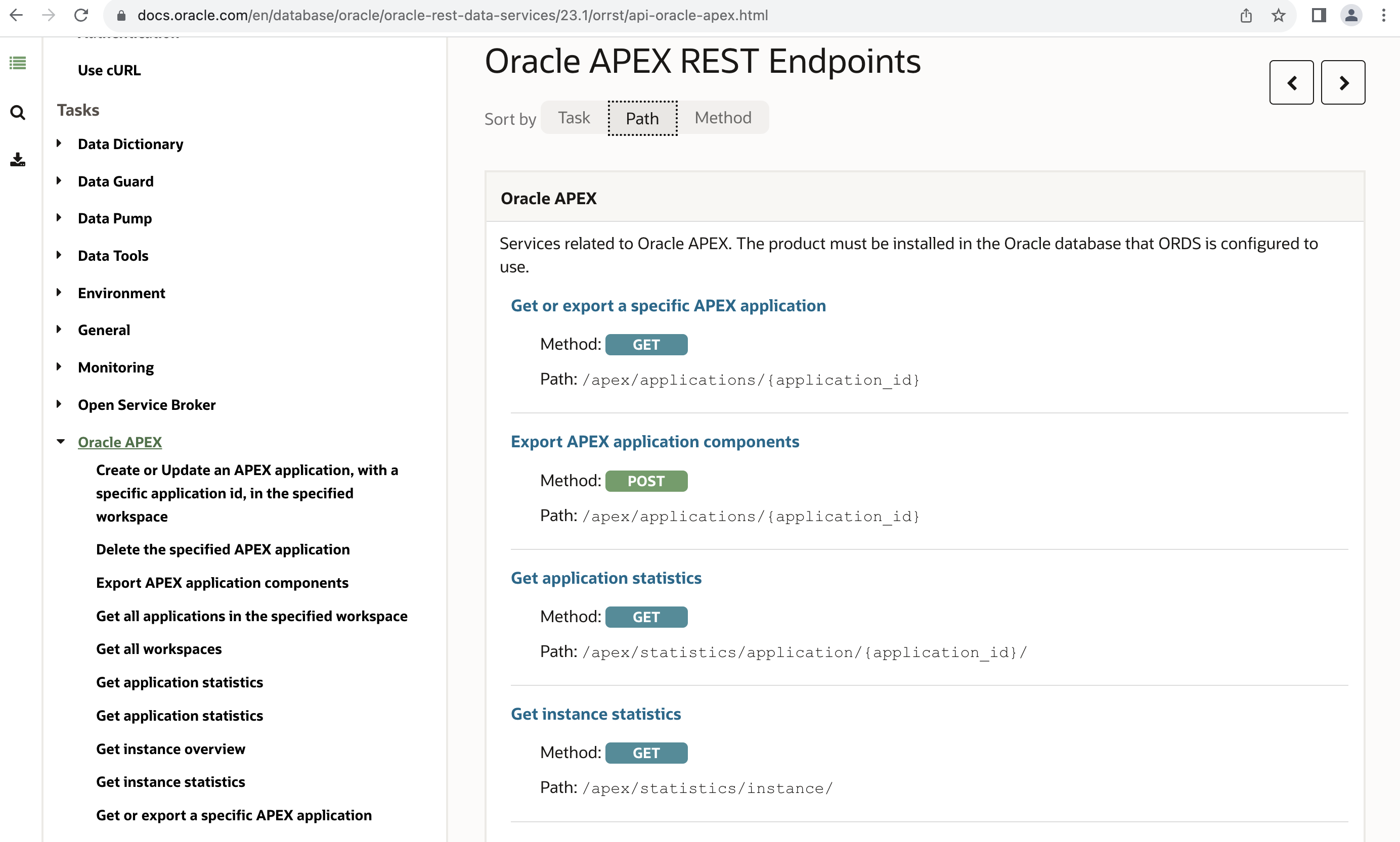 Documentation of the ORDS REST API to export and import APEX applications
