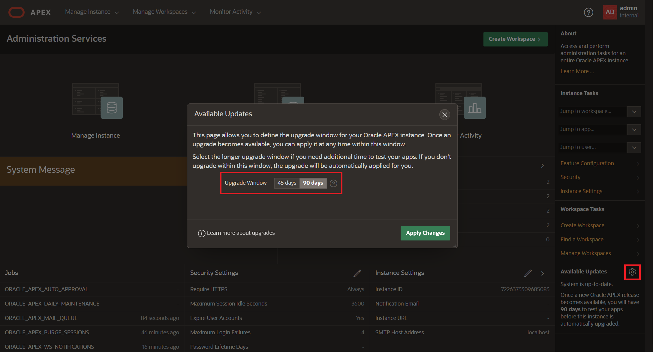 Screenshot of Upgrade Window Setting in APEX Administration Services