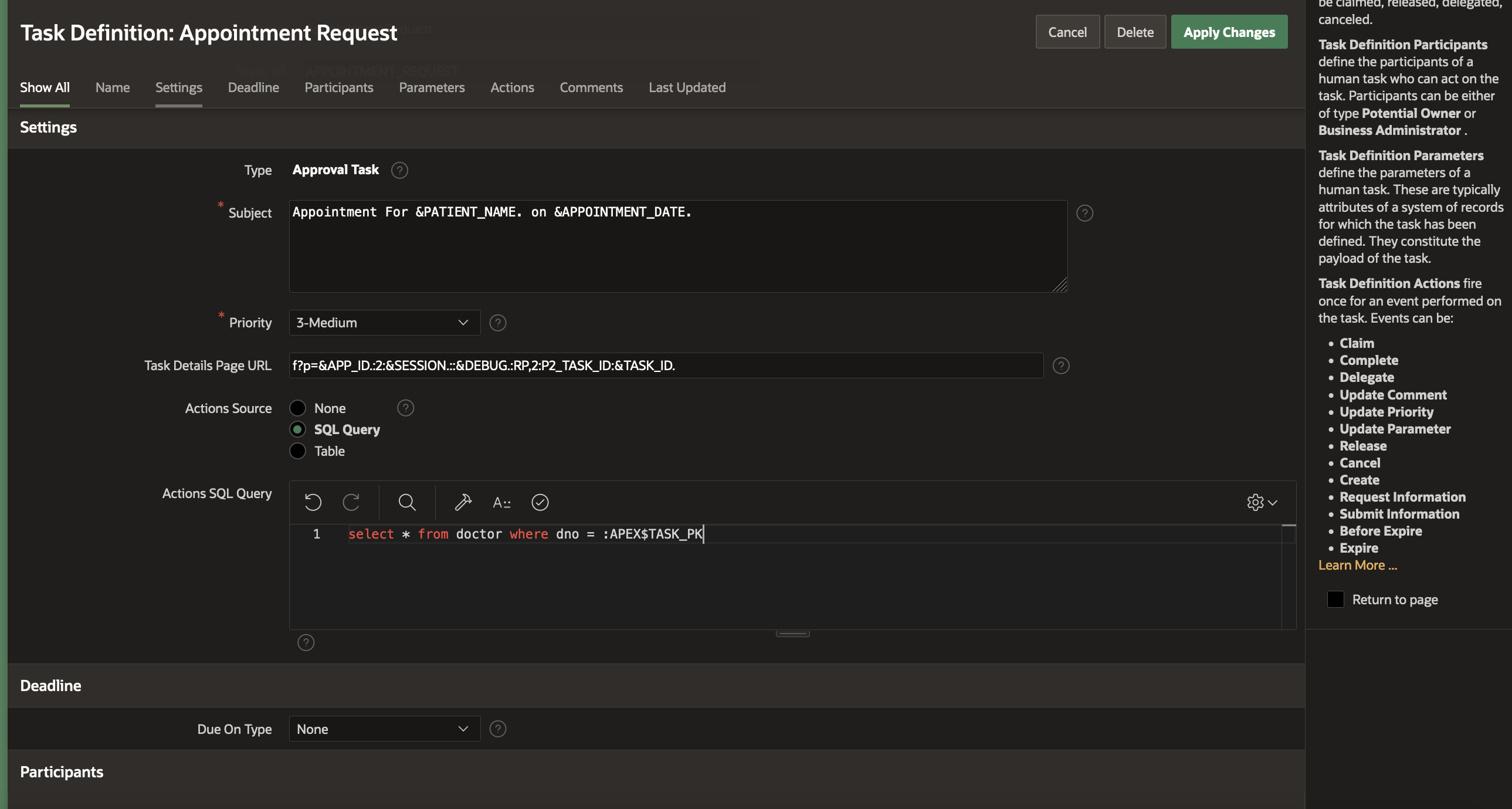 Action Source for Appointment Request Task Definition