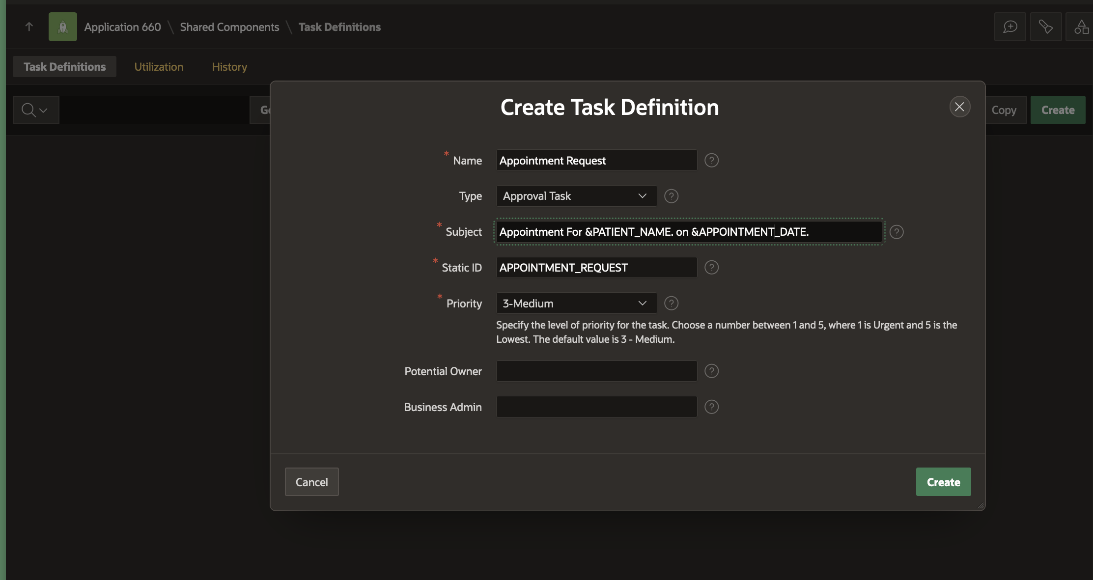 Appointment Request Task Definition Create Wizard