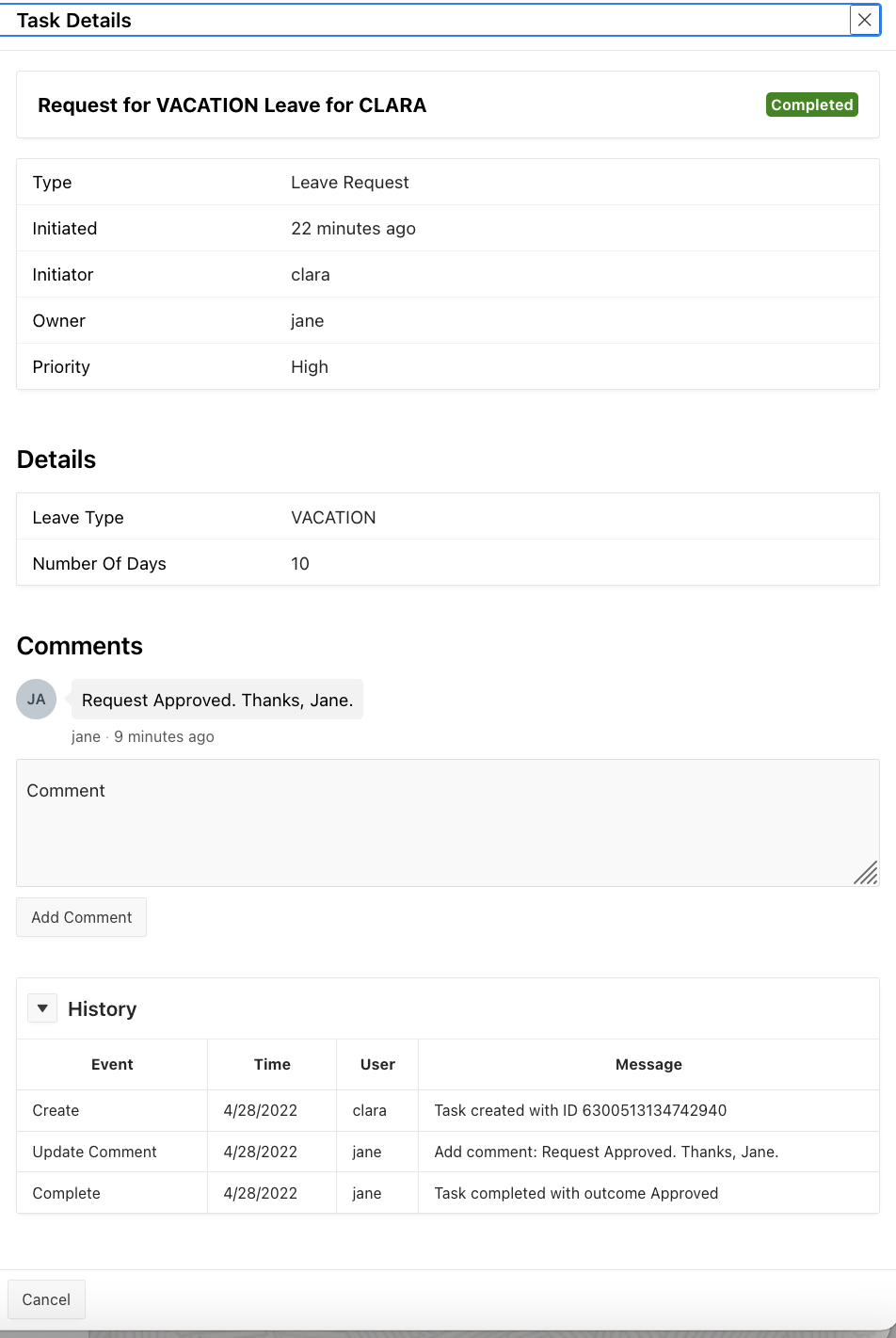 Task Details showing the details of the completed task