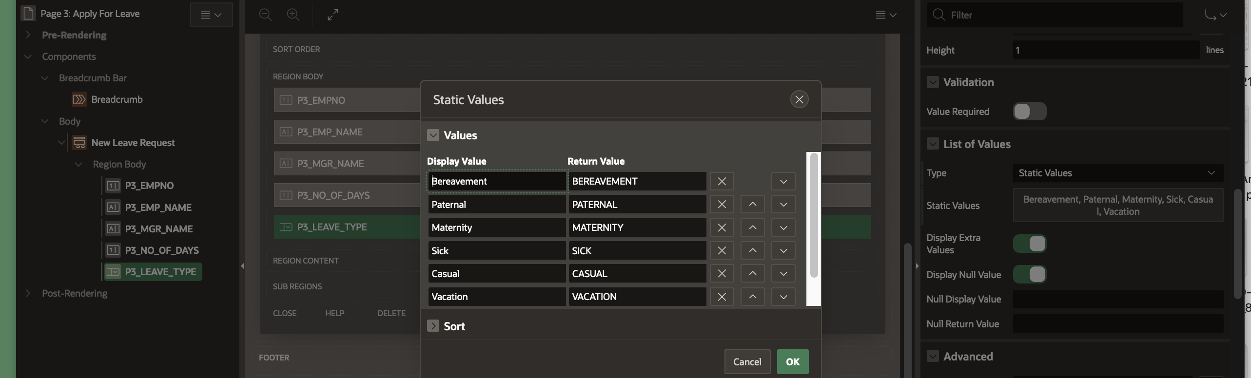 Screenshot showing List of values for the Leave Type