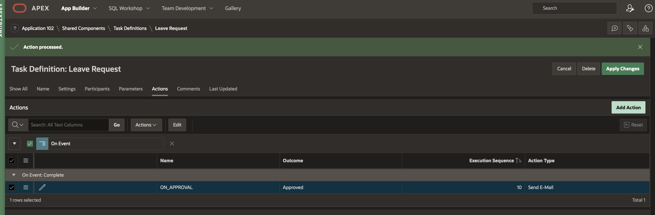 Screenshot showing how to save a Task Definition Action