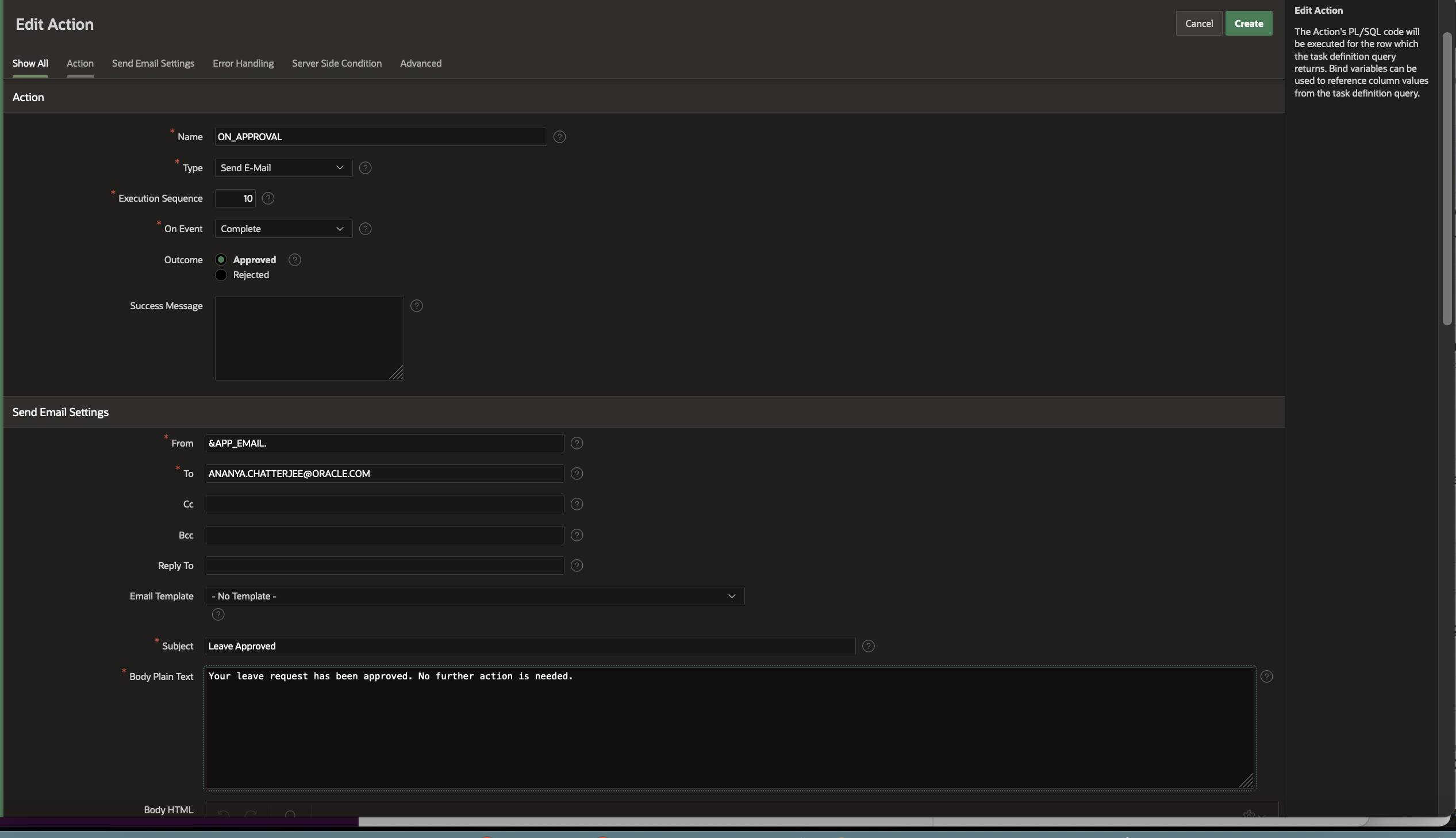 Screenshot for Editing or Creating a Task Definition Action
