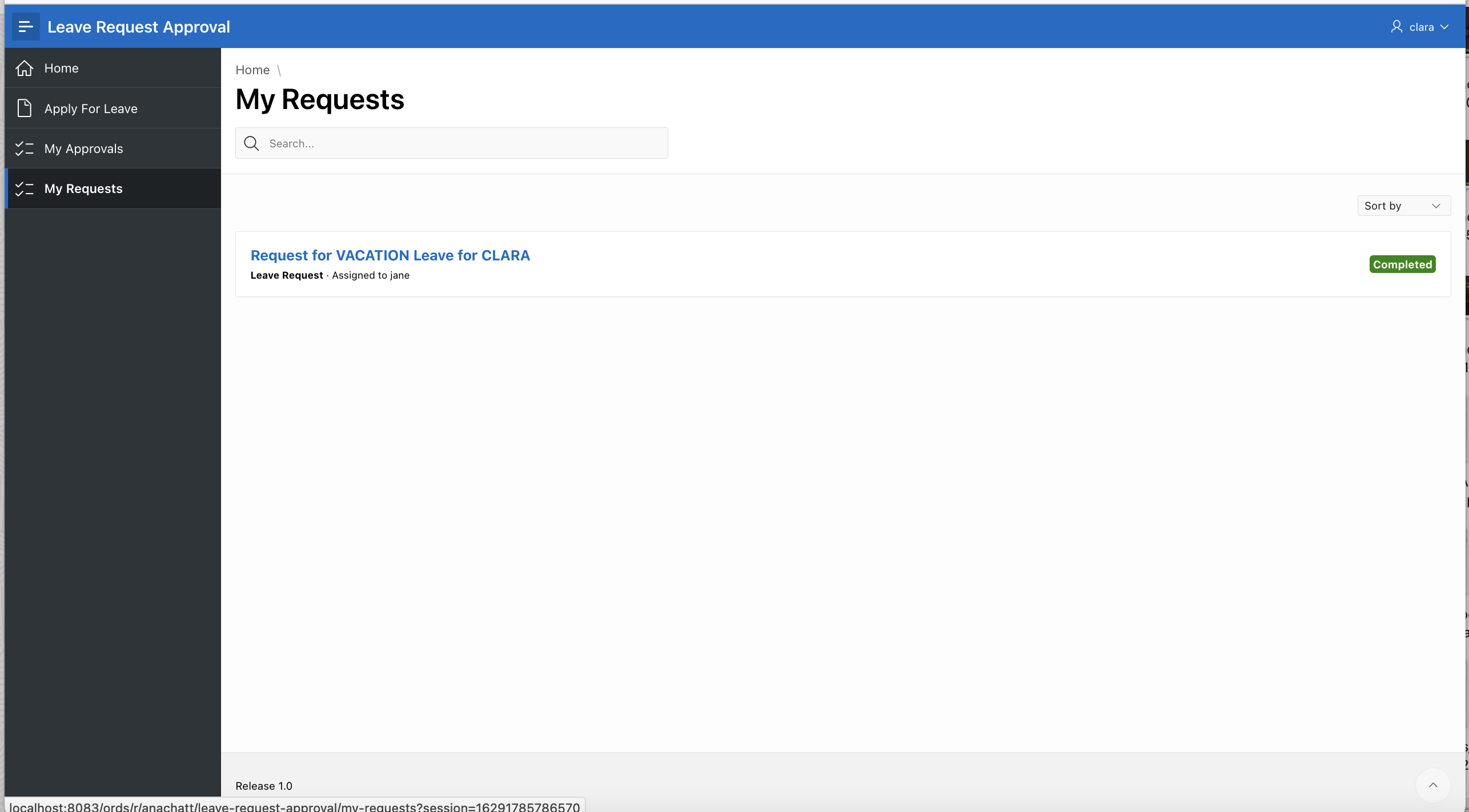 My Requests showing the Leave Request task as completed