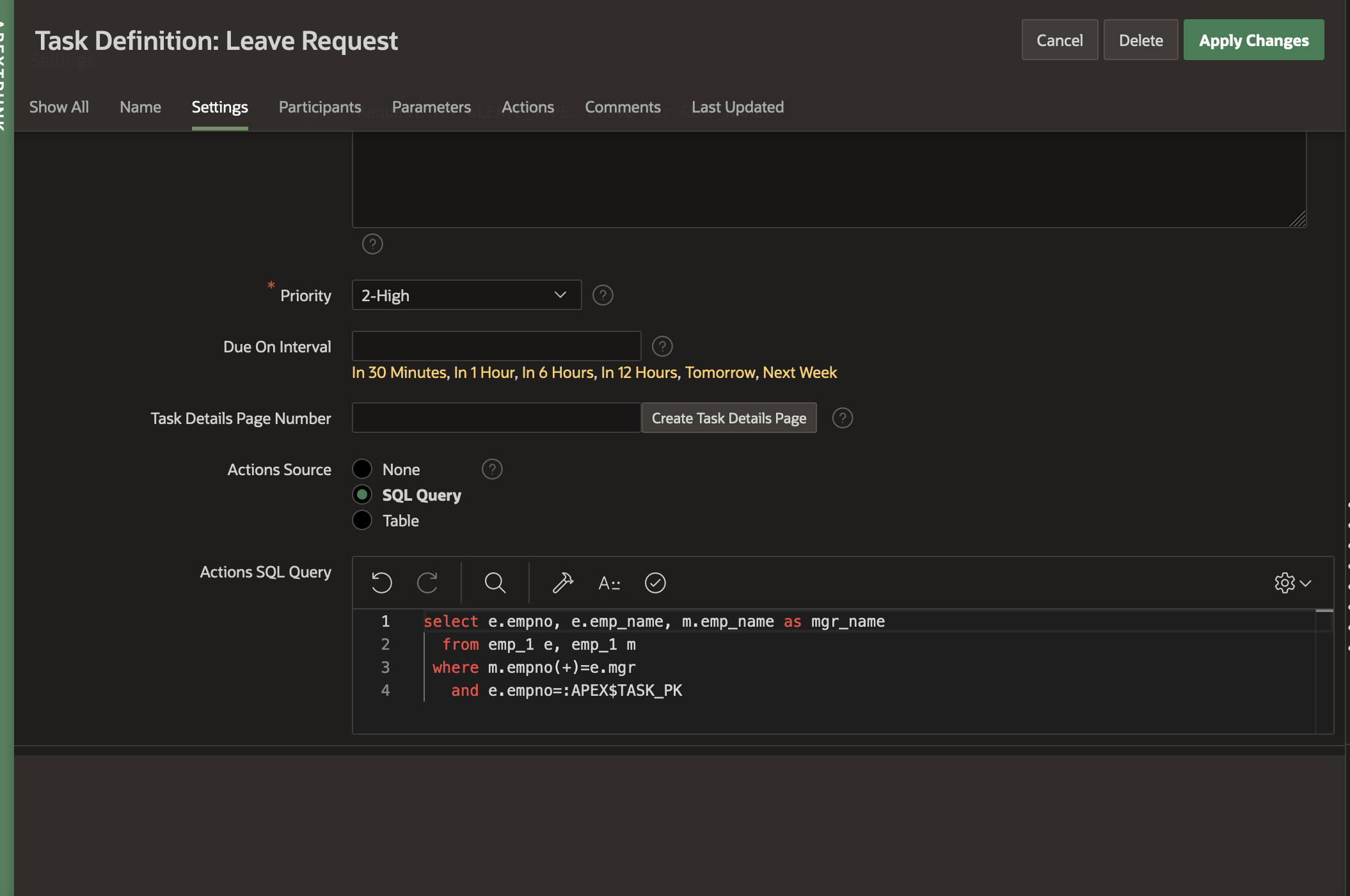 Screenshot showing the Action Source in Task Definition Editor