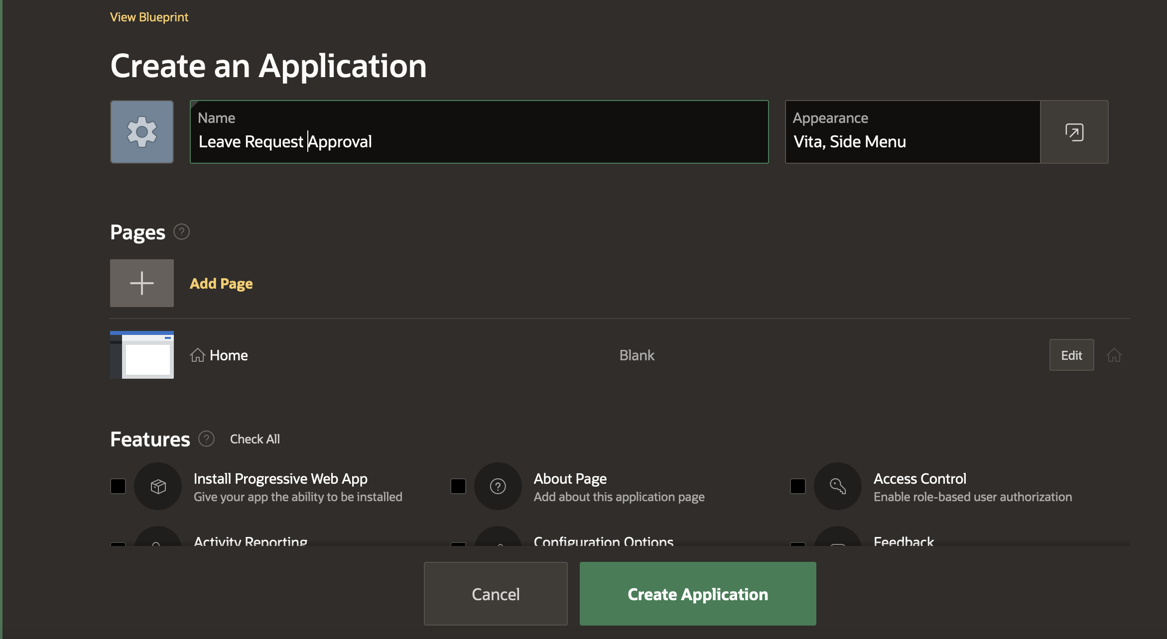 Screenshot to Create a new Application