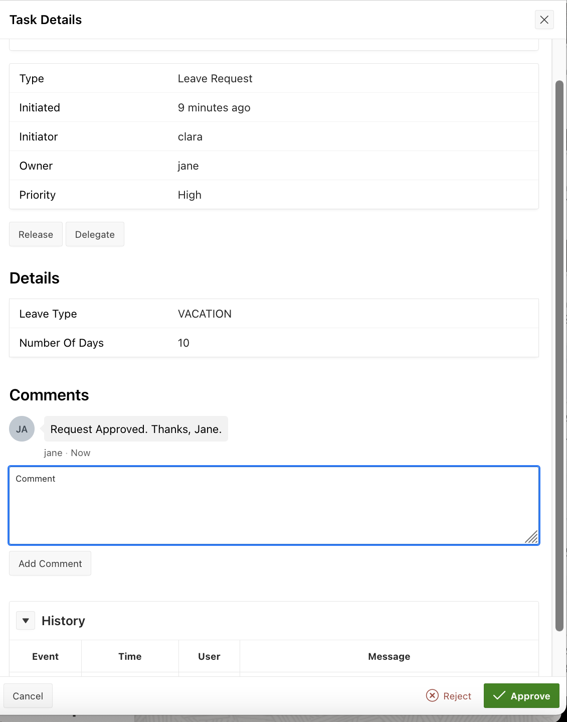 Screenshot showing comment added to the Leave Request Task