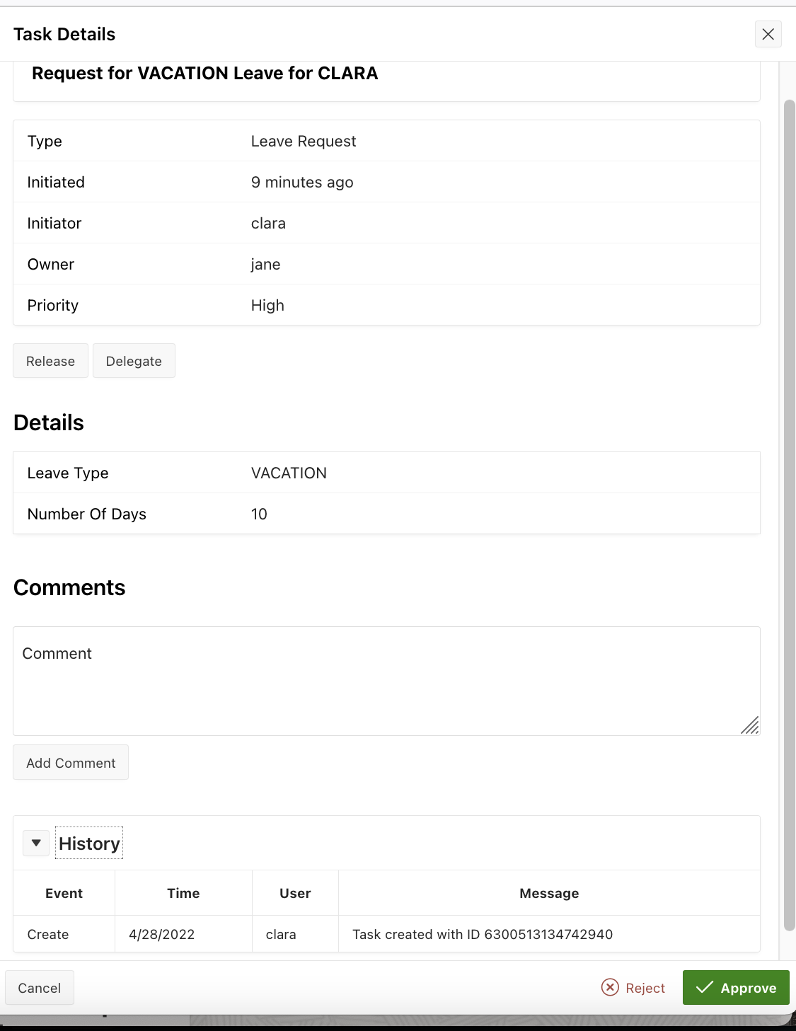 Screenshot showing the Task Details Page for Leave Request