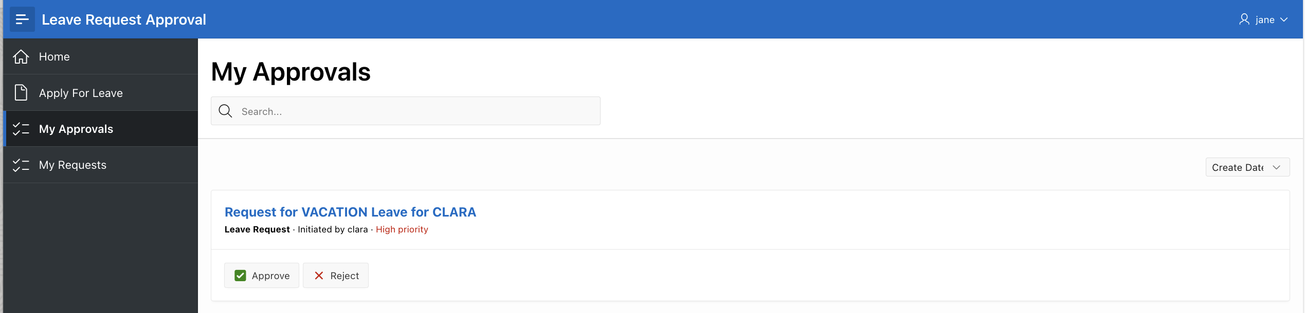 My Approvals page showing the Leave Request task created for approval
