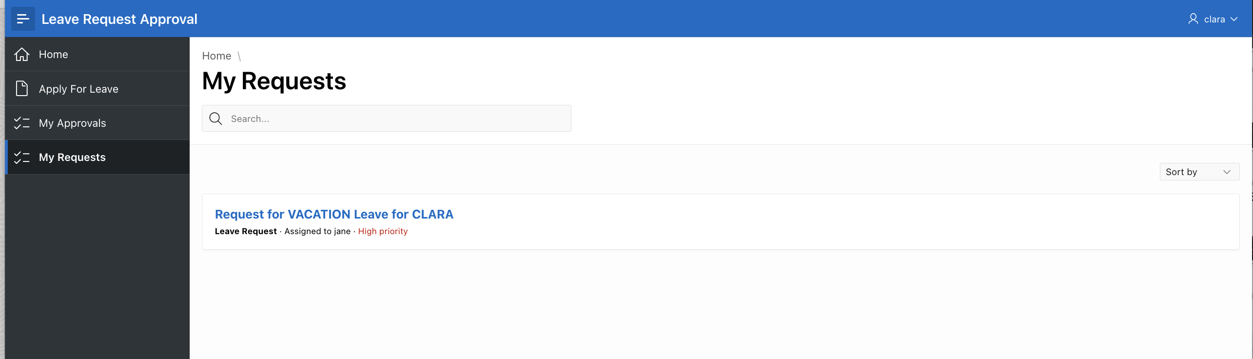 My Requests Page showing the task that was created