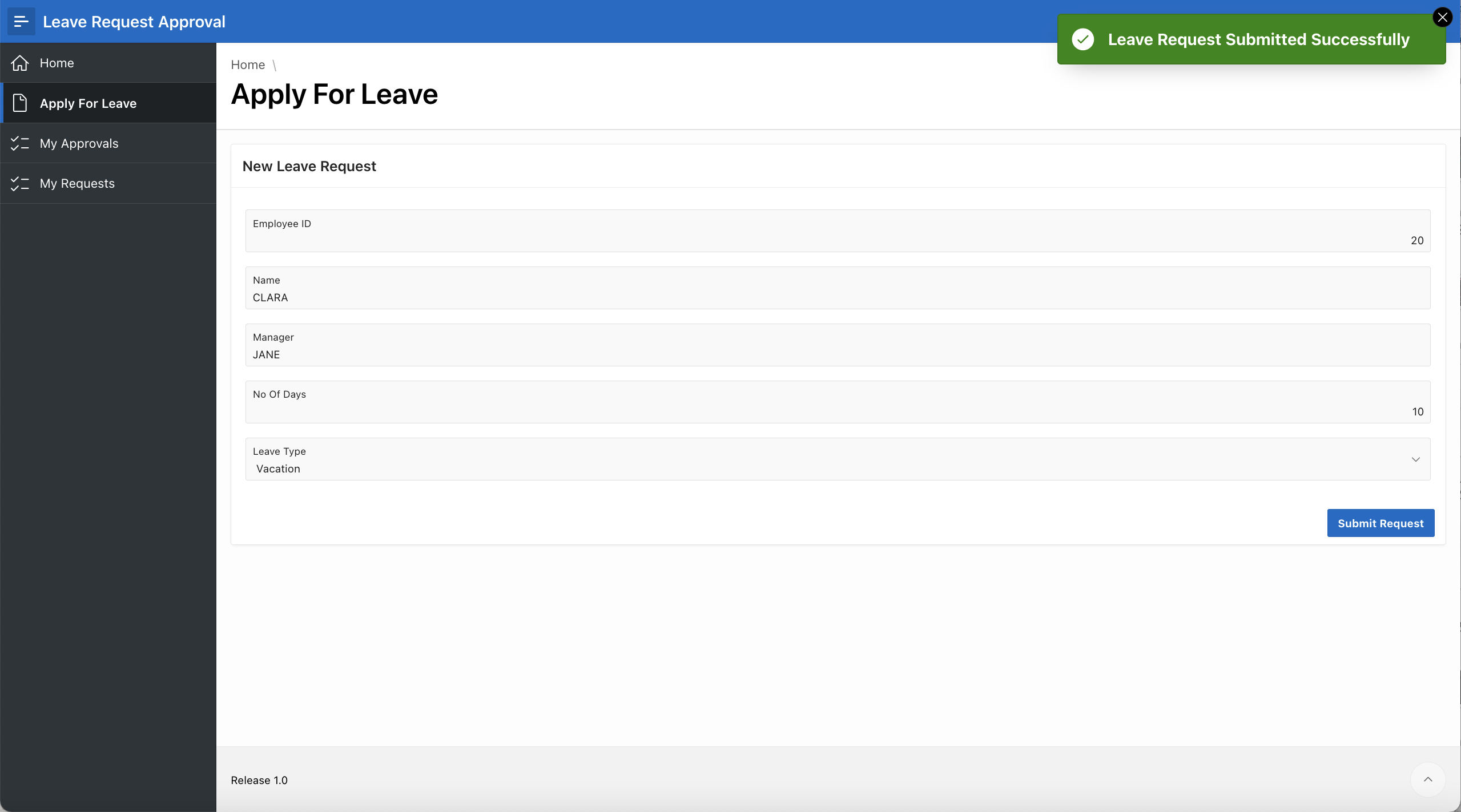 Screenshot to submit the Leave Request