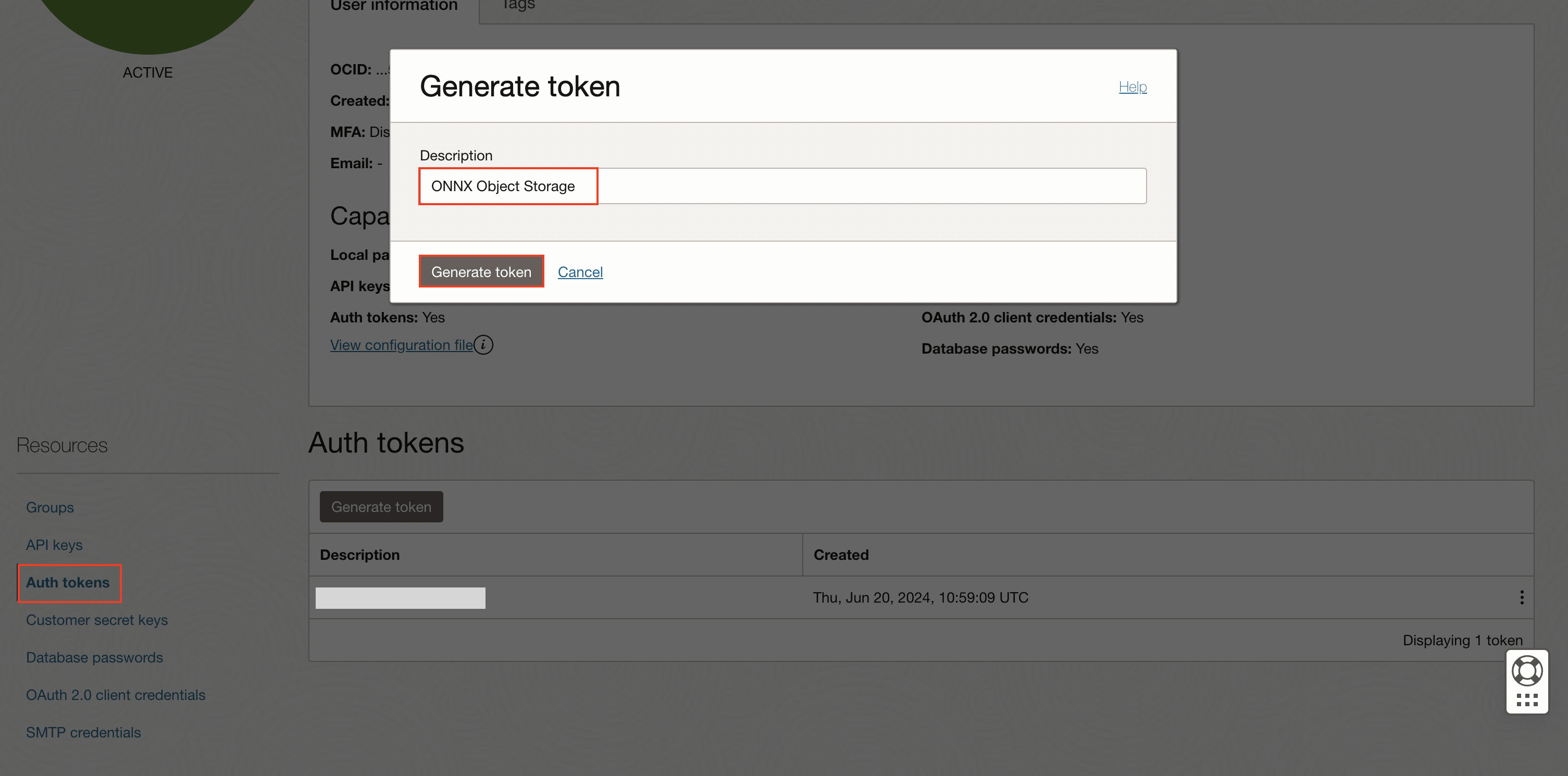 Creating Auth Token to access the file on Object Storage