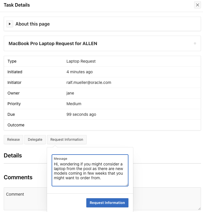 Request Information from the Task Detail page