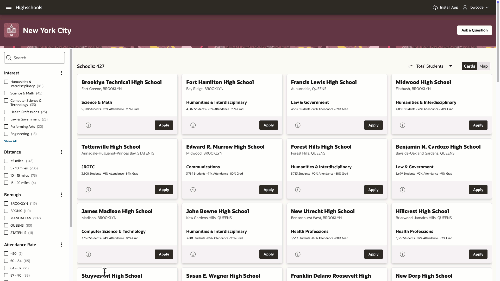 Fig. 1 - Sneak Peek of the Highschools App with RAG Powered Chatbot