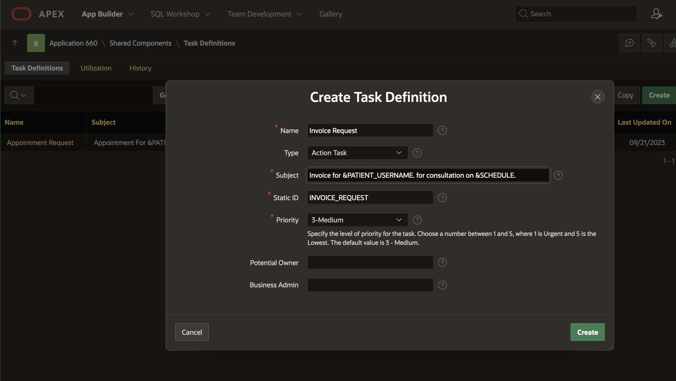 Create Invoice Request Action Task
