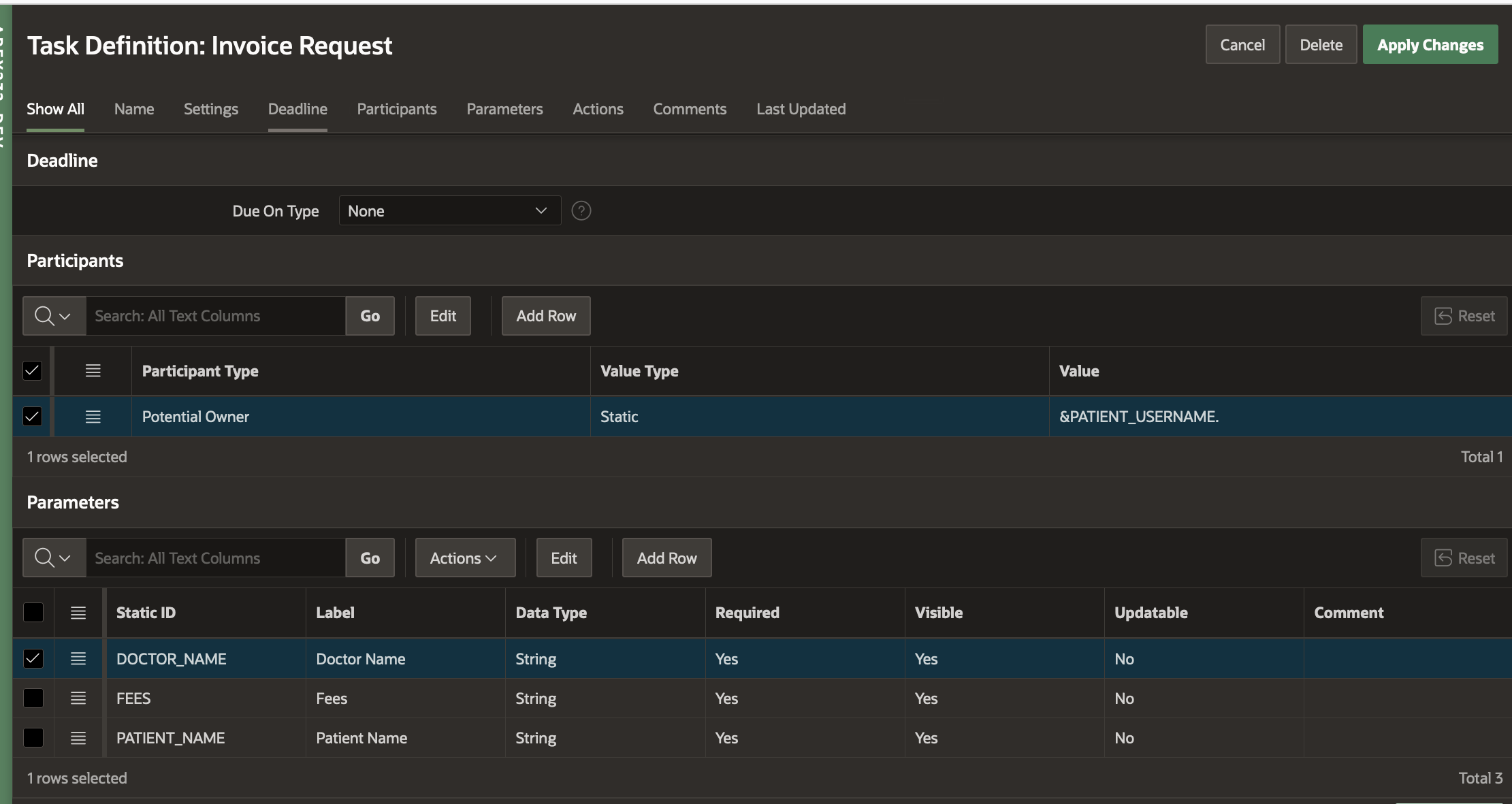 Invoice Request Task Definition Edit Parameters