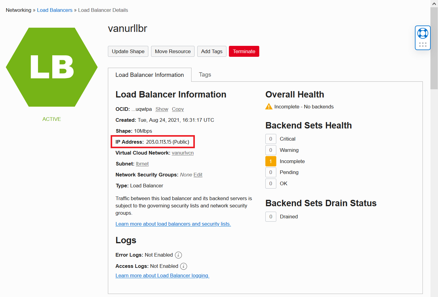 Picture of Load Balancer instance details screen