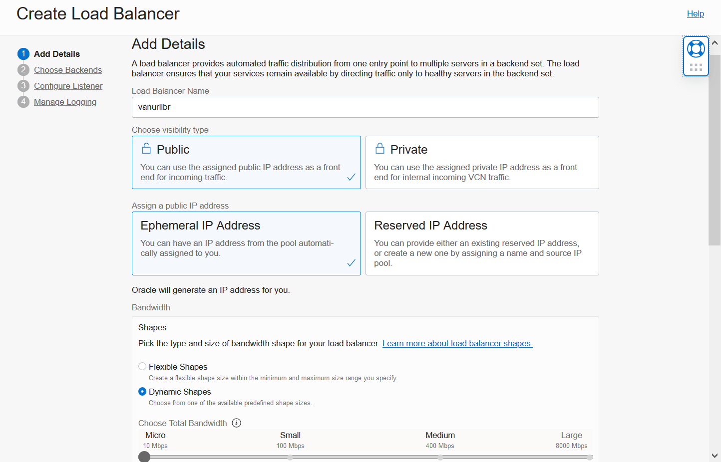 Load Balancer creation wizard screen 2