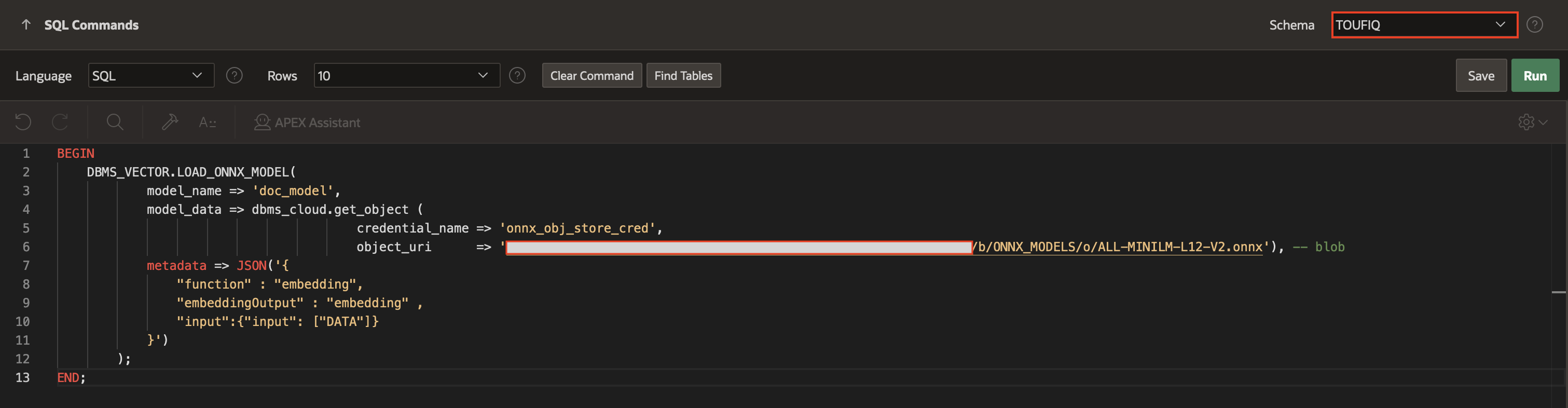 Loading the ONNX Embedding model into the database