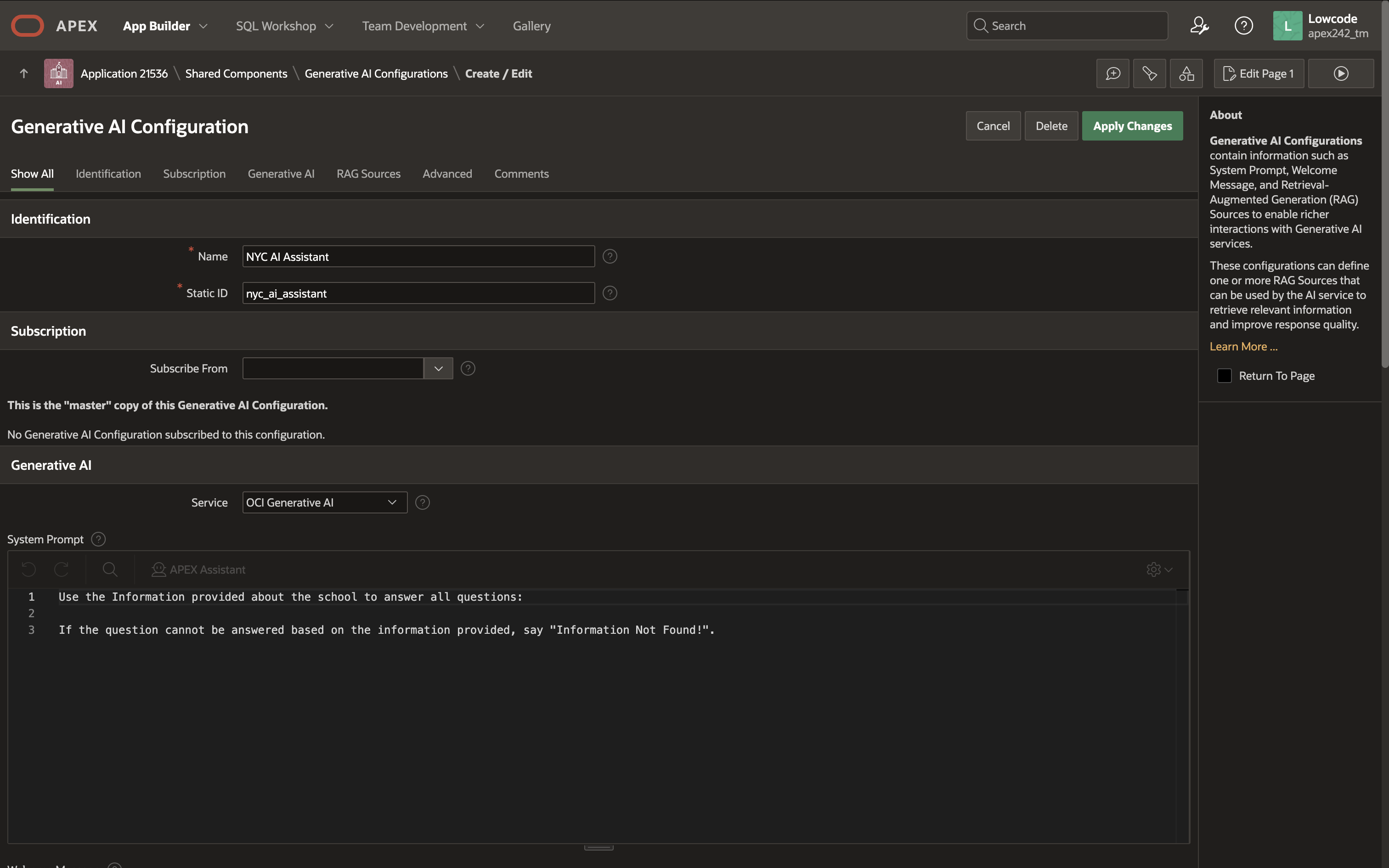 Fig. 3 - AI Configuration for the AI Assistant in the Highschools App