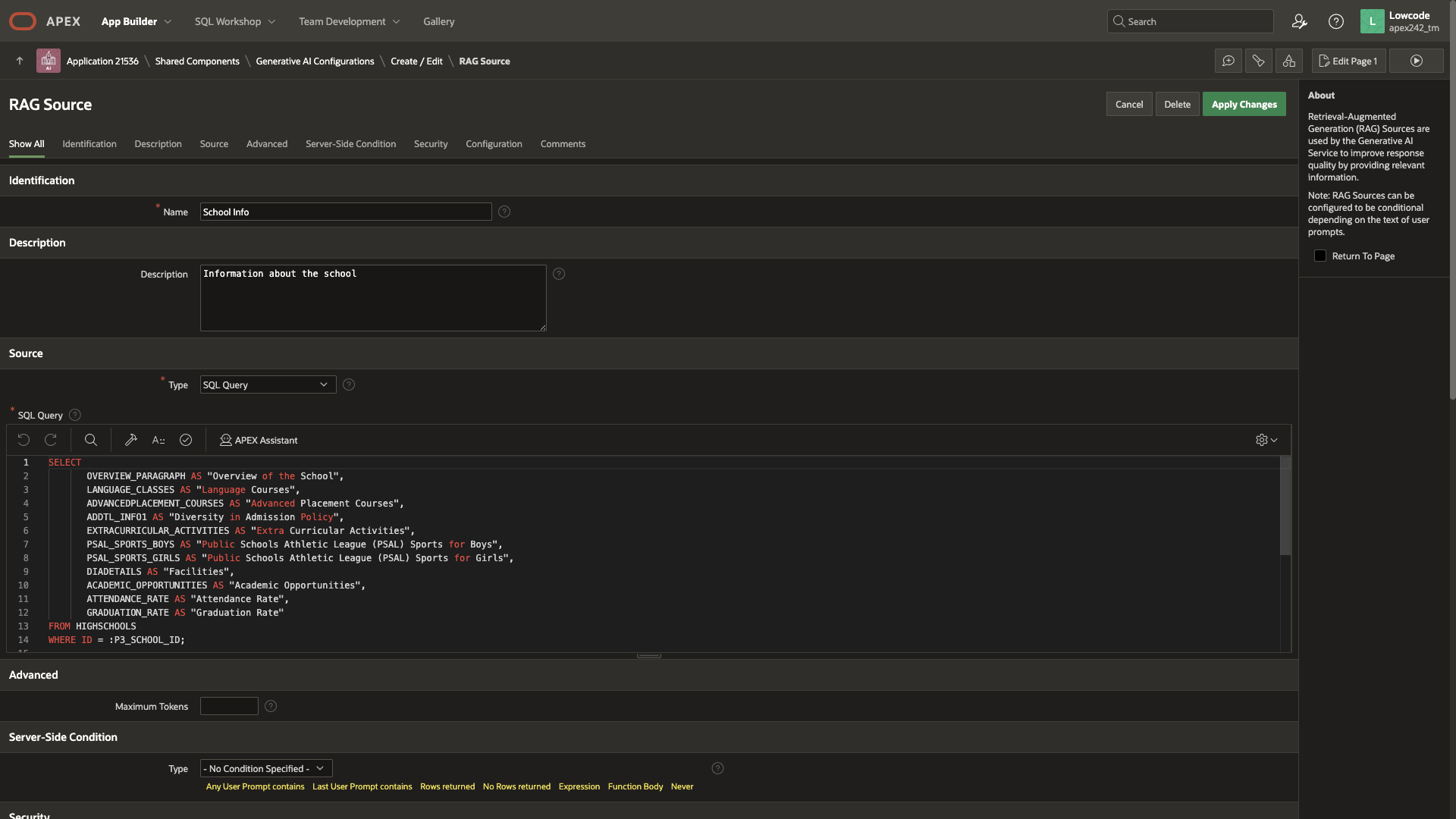 Fig. 4 - RAG Source querying the HIGHSCHOOLS table