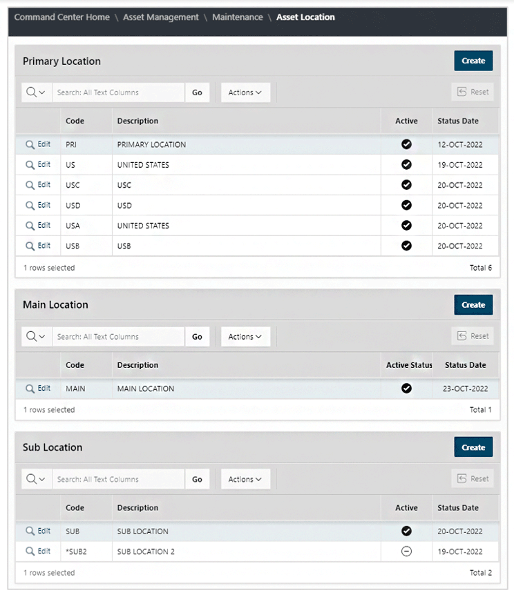 Figure 1:  The Asset Location Maintenance Screen within Savantage’s Asset Management Module Leverages