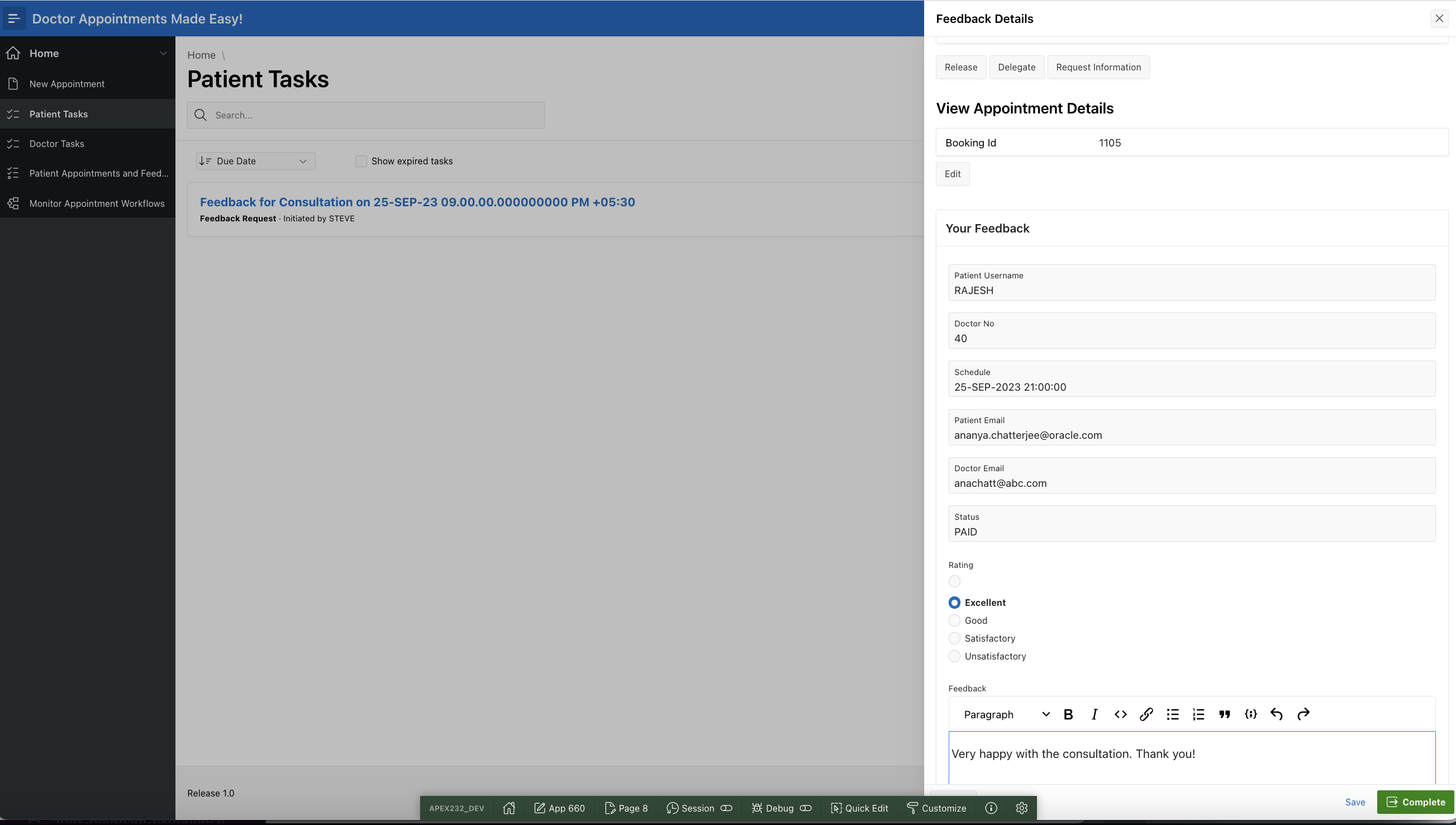 Feedback Entry By Patient