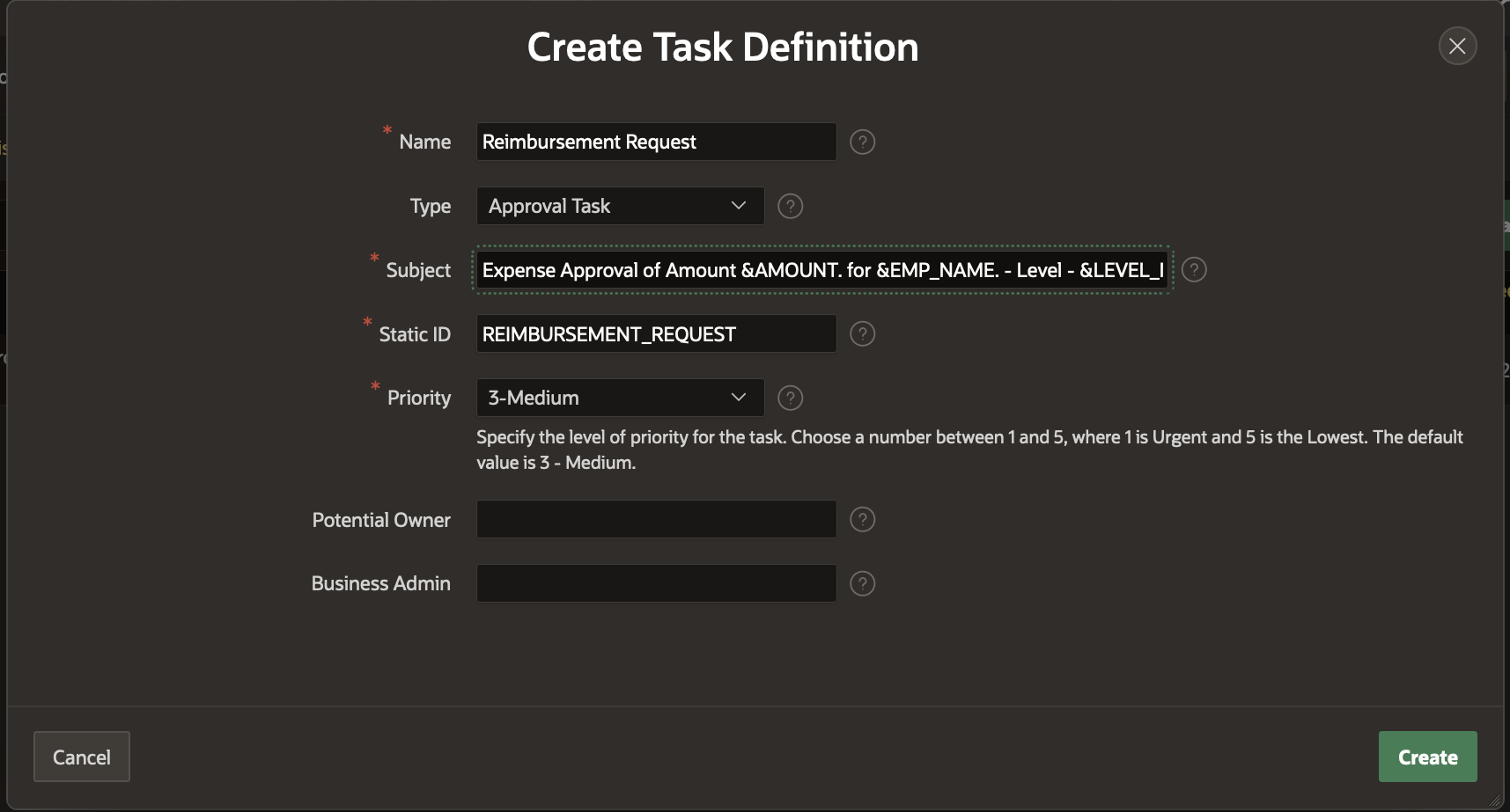 Create Reimbursement Request Task Definition