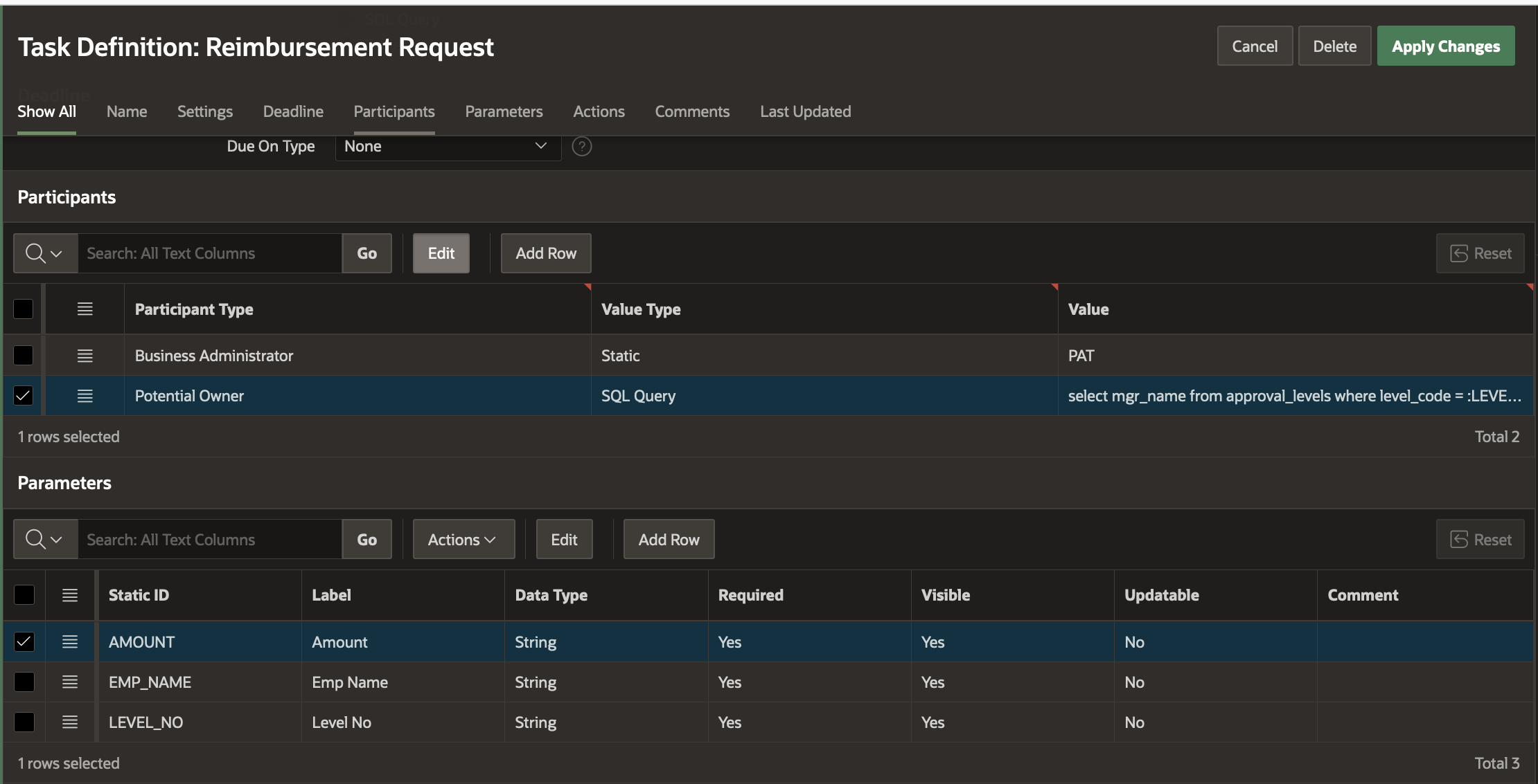 Reimbursement Request Task Participants and Parameters
