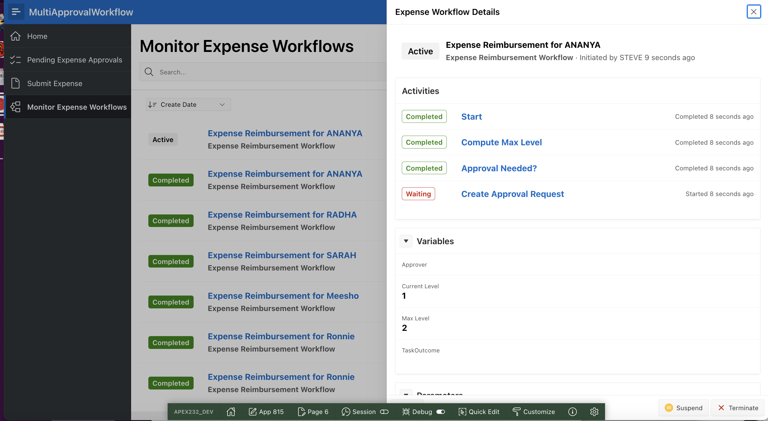 Expense Workflow Screen