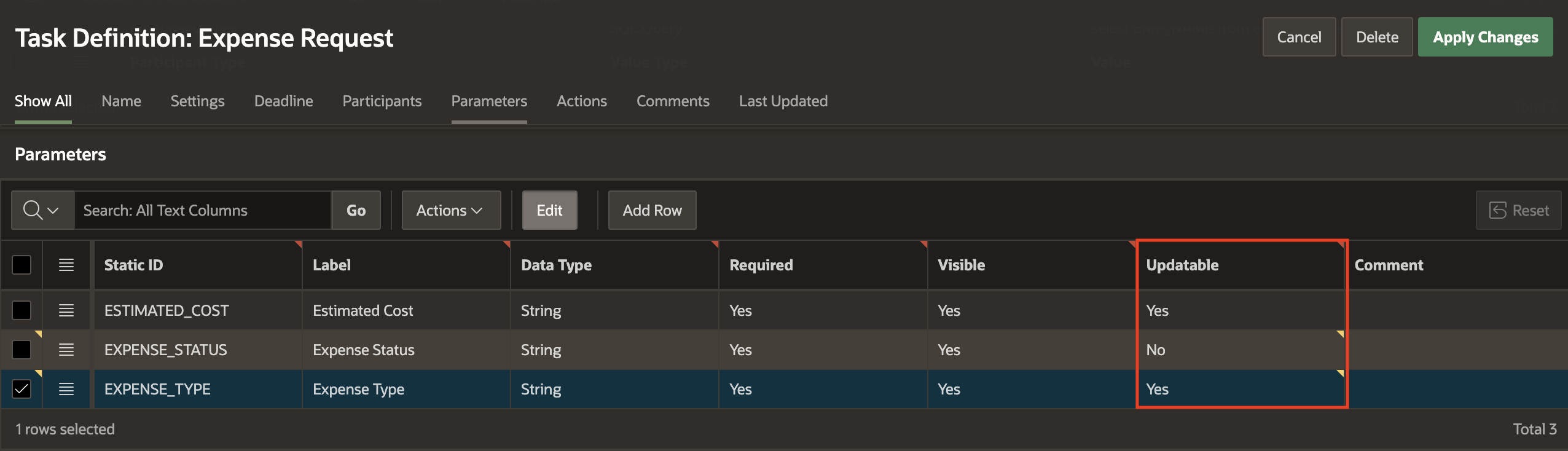 Updatable task parameter