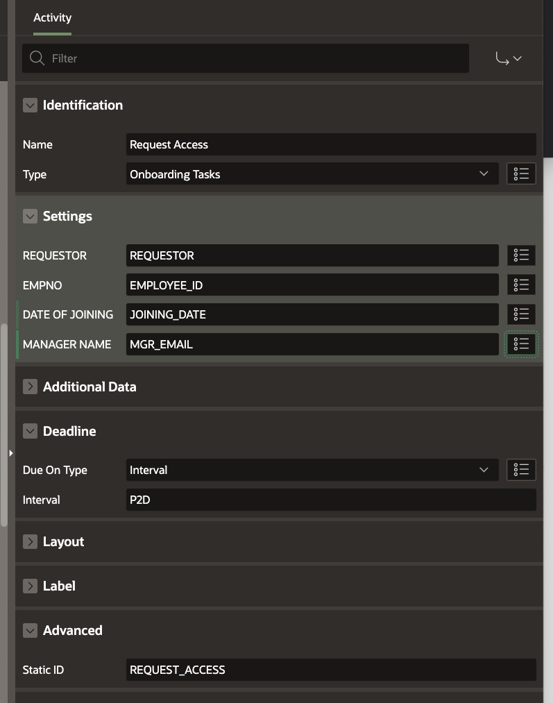 Request Access activity properties