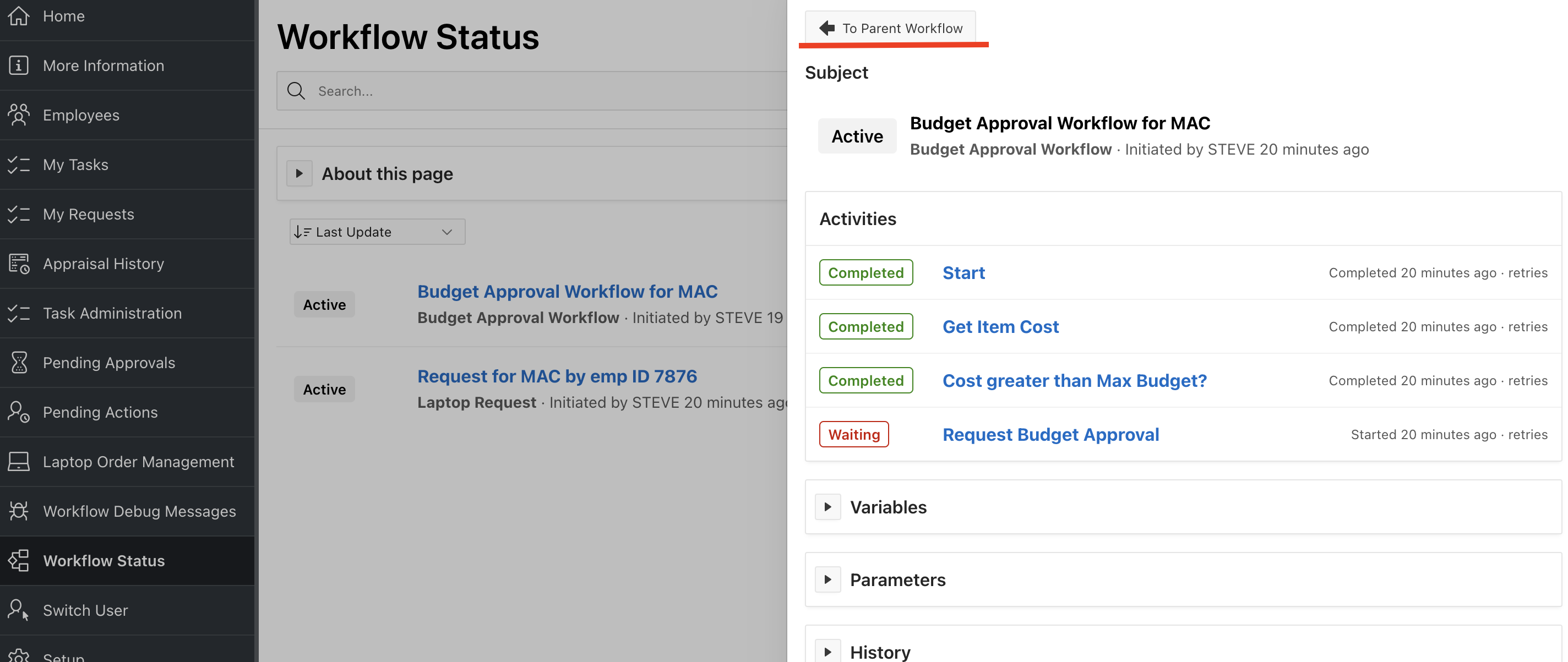Invoked workflow details