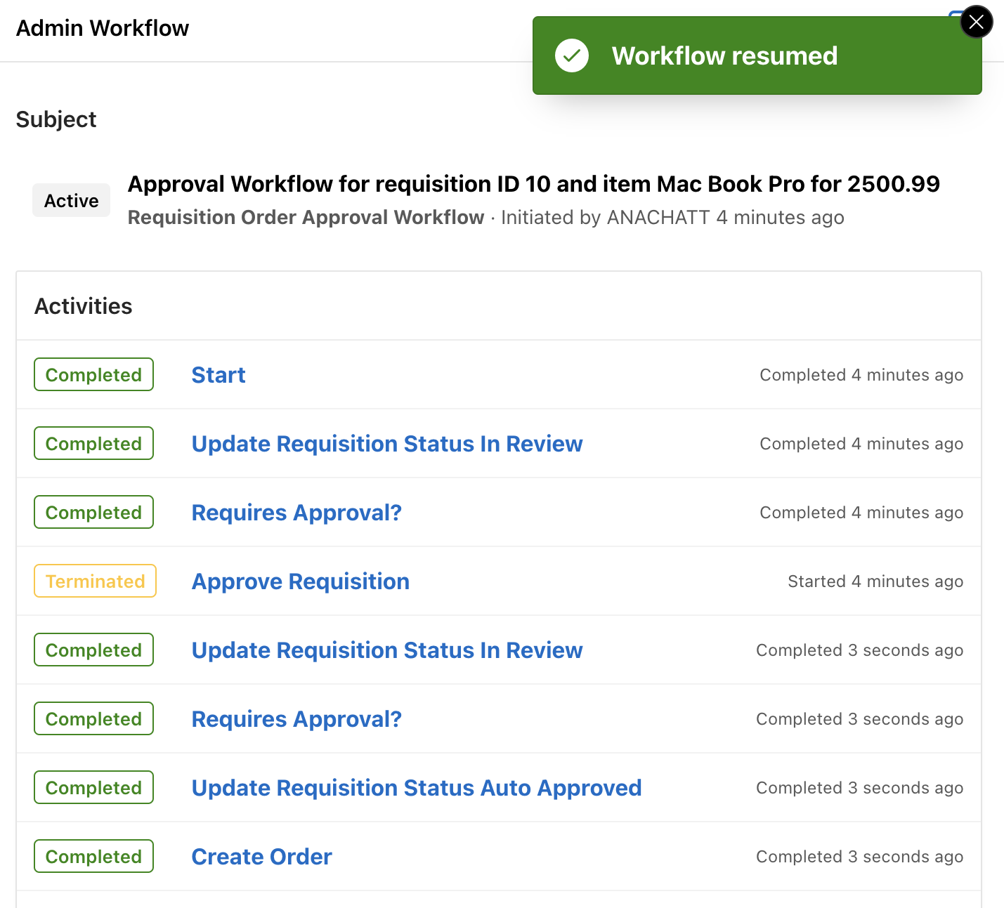 Approve Requisition task terminated
