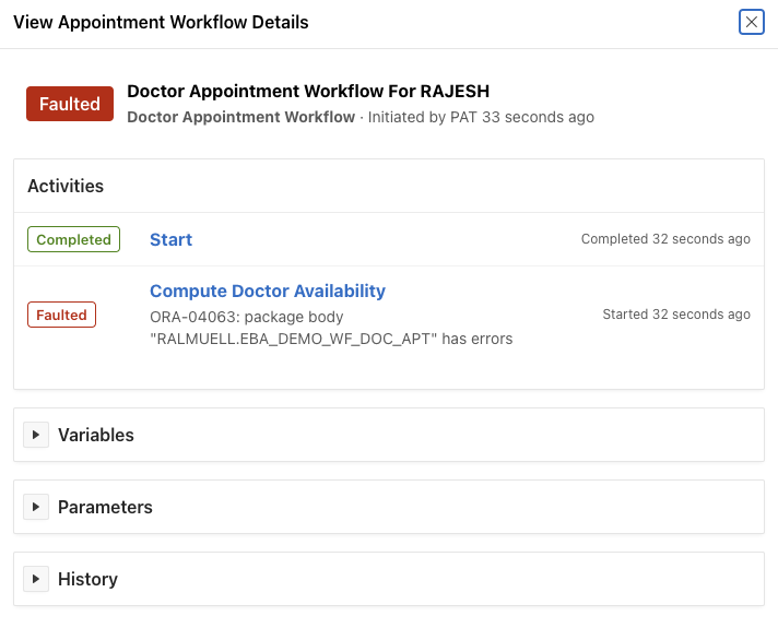 Details of Faulted Doctor Appointment Workflow in Workflow Console