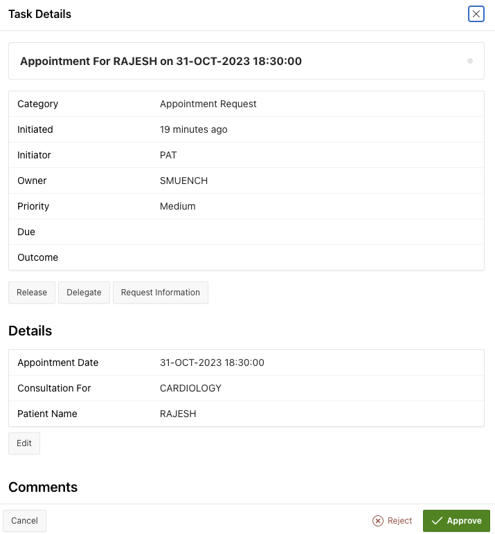 Task Detail for the doctor to approve or reject the appointment for patient Rajesh