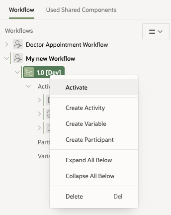Activate a Workflow Version from the context menu