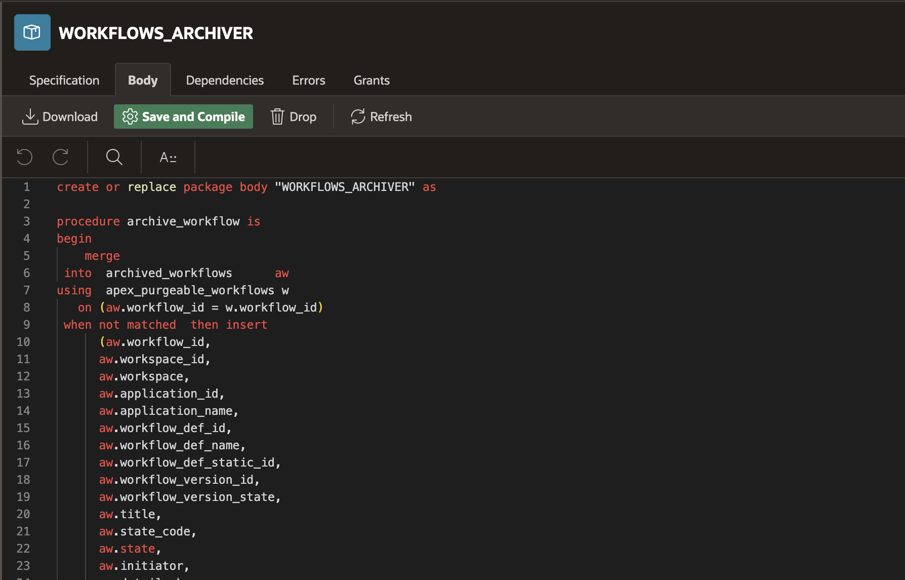 Workflows Archiver Package Body