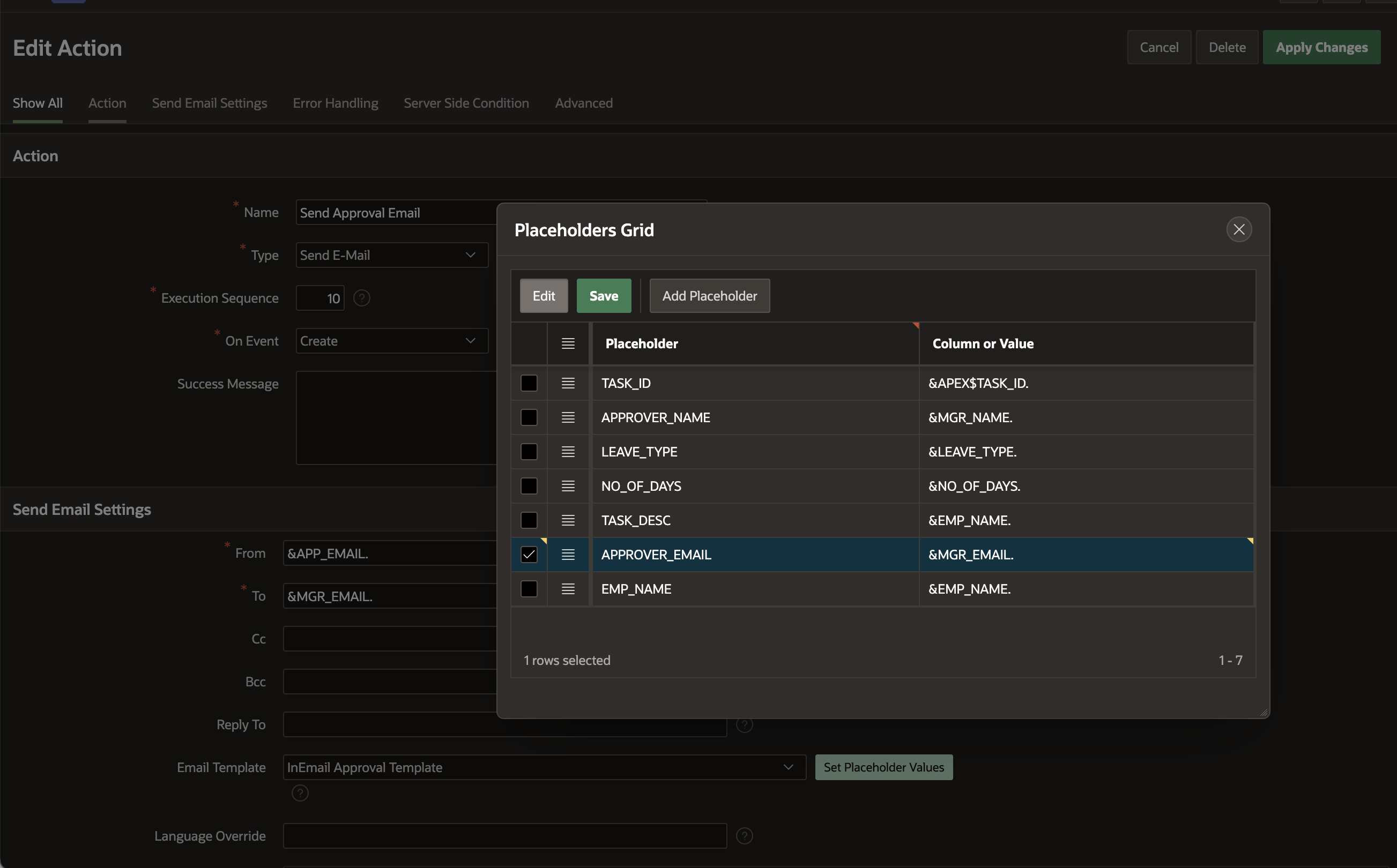 adding placeholders for the Email Template