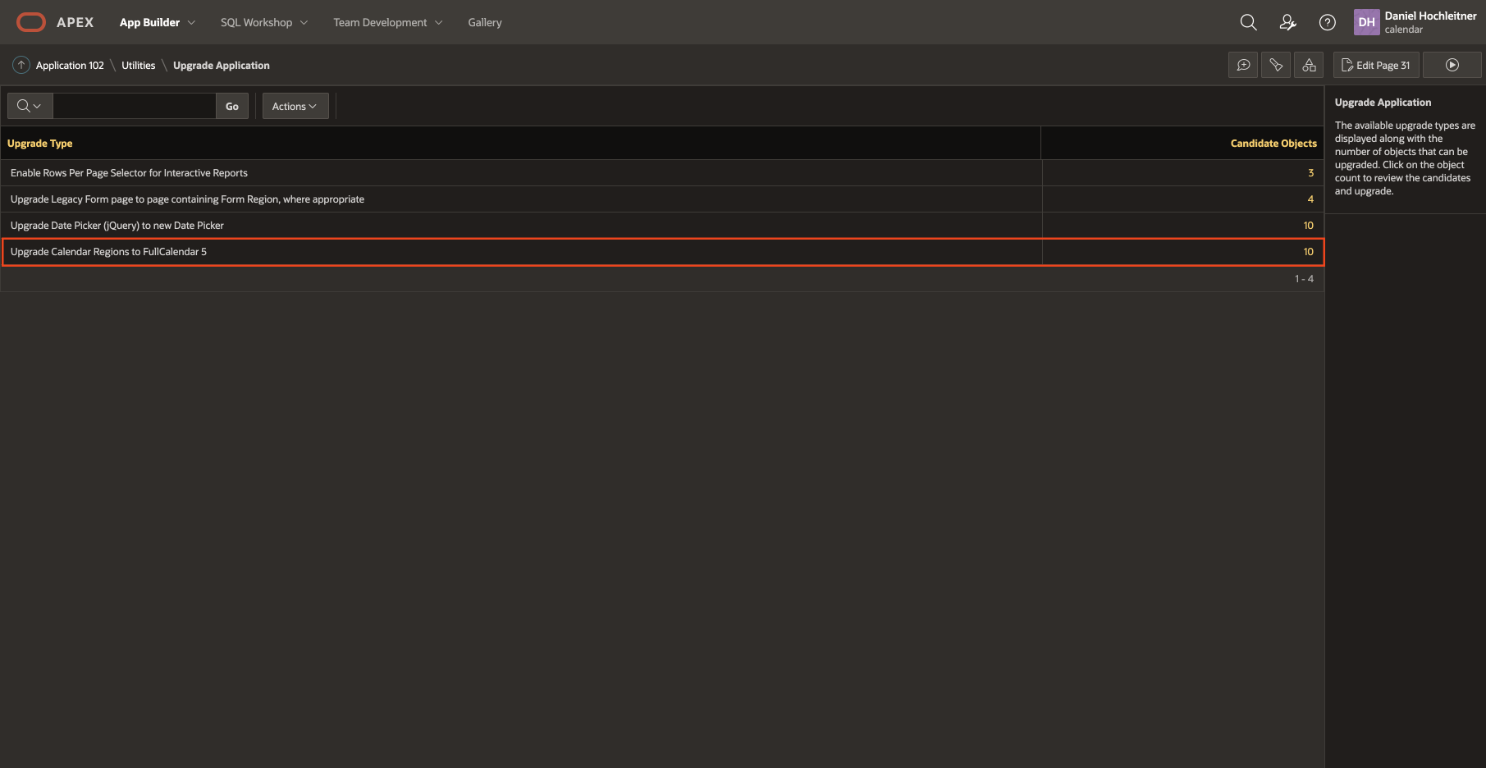 APEX Application Upgrade Wizard - highlighting Calendar Region entry