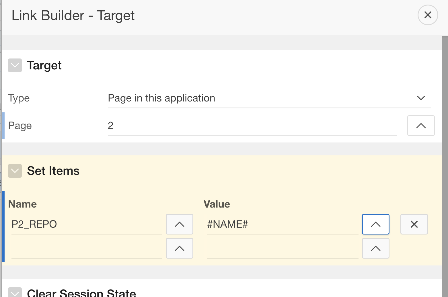 Assign the value of the NAME column to the P2_REPO item while linking