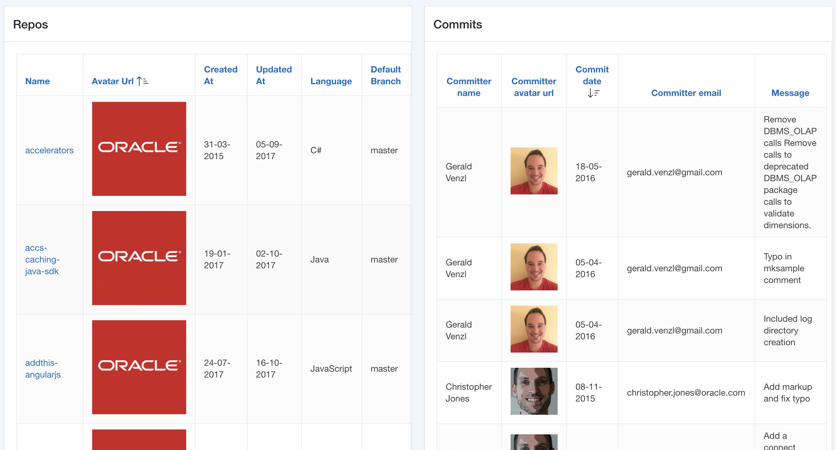 The application contains two linked reports: Github repositories and repository commits.