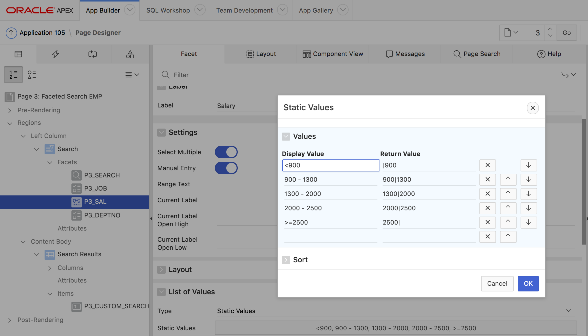 LOV configuration for the Range Facet