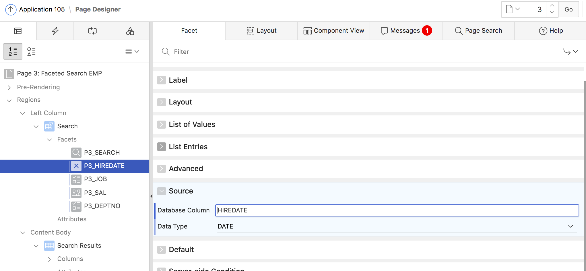 Map the new facet to a report column and pick the data type