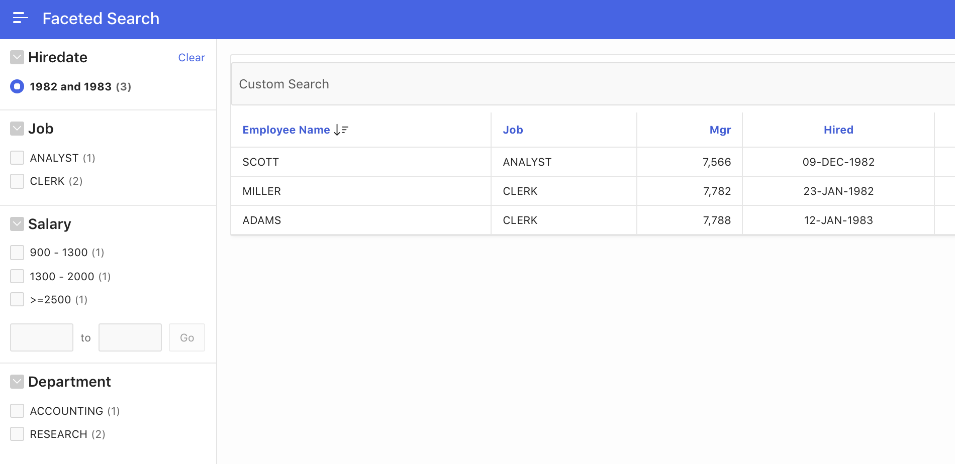 Faceted Search with a facet on the HIREDATE column